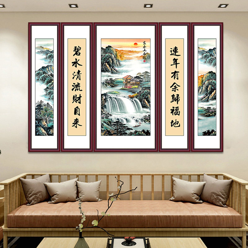 老式中堂画农村堂屋大气三联对联国画山水画富春山居图客厅装饰画