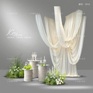 自然系白绿色婚礼花艺素材psd米白香槟色婚礼效果图分层布幔素材