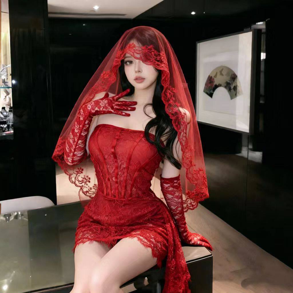 古堡新娘~万圣节红色刺绣头纱cos鬼新娘装网纱抹胸连衣裙包臀短裙