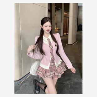早秋韩系少女jk套装 高腰格纹短裙两件套迪士尼穿搭冬 女假两件衬衫