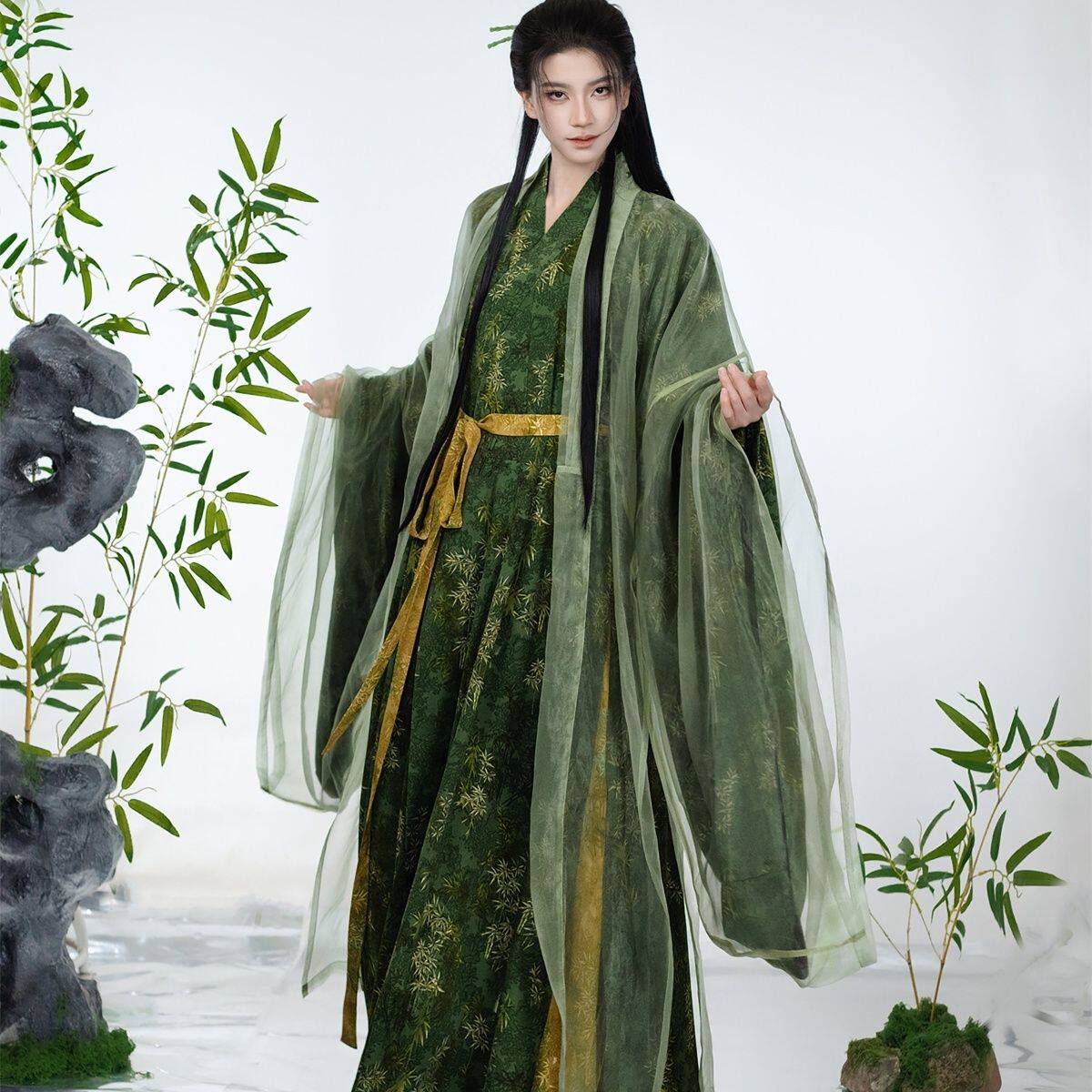 绿色宋制汉服日常竹叶印花交领直裾长衫宋裤春秋套装超仙男女同款