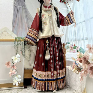 汉庭记原创汉服女国风加绒保暖比甲百褶裙民族风新年战袍套装冬