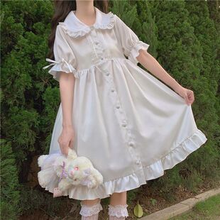 洛丽塔裙子仙女裙夏季日系软妹娃娃领系带泡泡短袖荷叶边连衣裙女