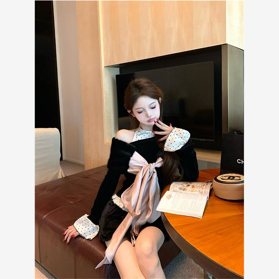 富家千金套装波点拼接假两件吊带