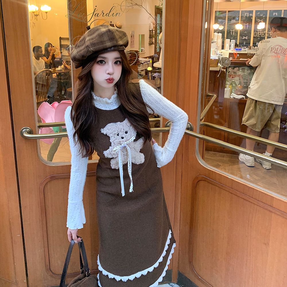 织物猪枫糖撞奶假两件连衣裙