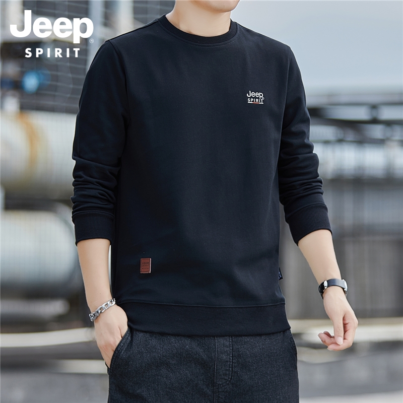 吉普春秋季圆领长袖T恤男式运动宽松卫衣潮牌上衣打底衫男装