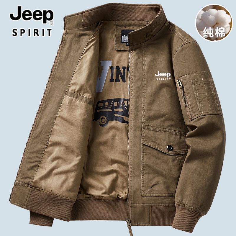 吉普秋季新款男士立领夹克宽松休闲大码硬汉风水洗棉男装外套