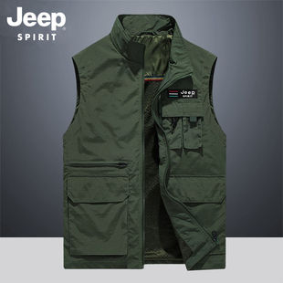 吉普男装春夏薄款单层马甲男士外套多口袋钓鱼服马夹坎肩马甲