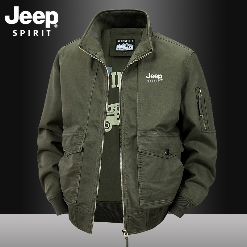 吉普春秋季男士立领宽松休闲大码青年纯棉飞行夹克衫男装外套
