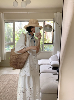 WHMT法式气质优雅钩花镂空半袖衬衫+高腰半身裙套装XL9038