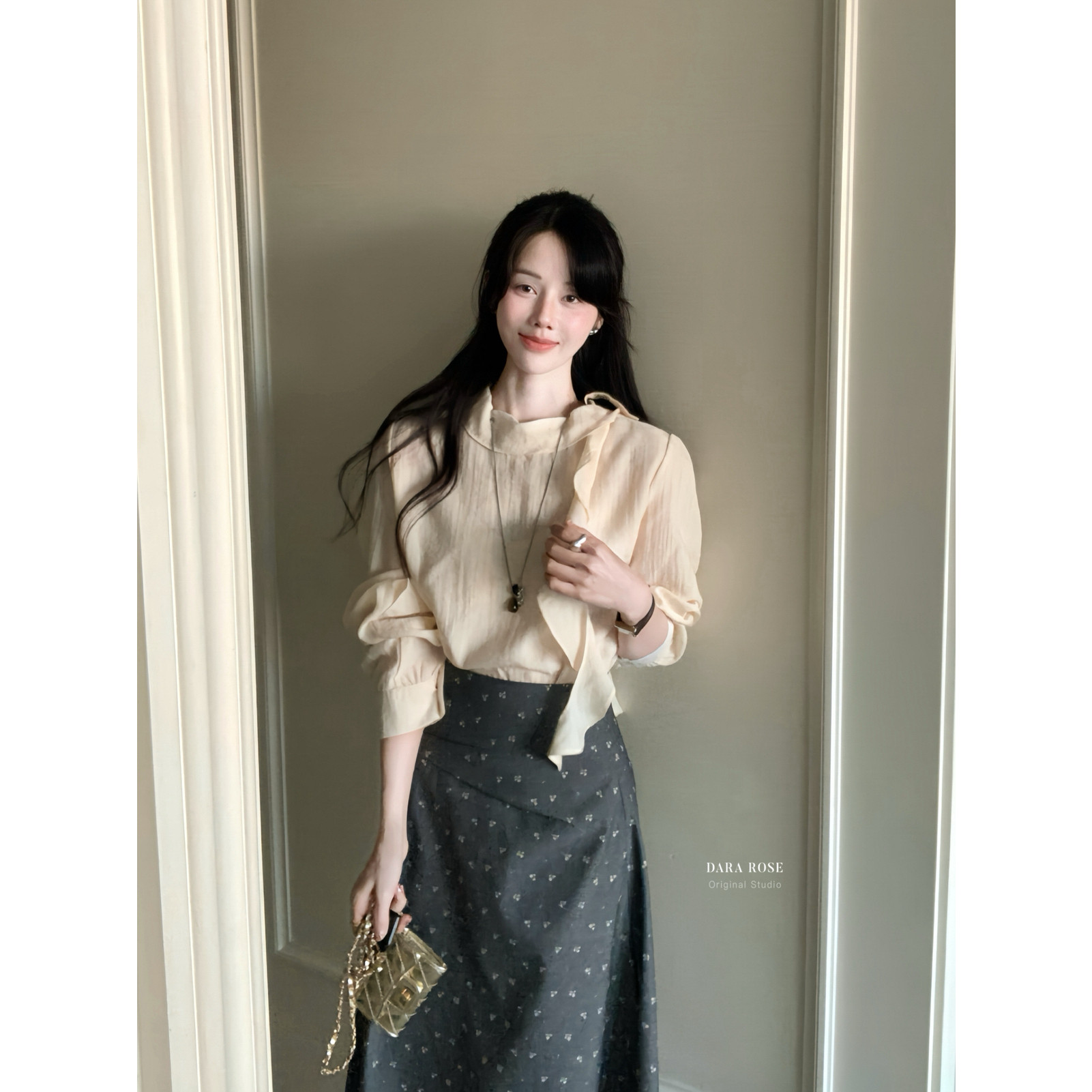 DARA ROSE-26年春新款高级感复古木耳边飘带衬衫不规则衬衣小衫
