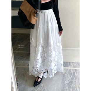 DARA ROSE-甜美百搭高腰显瘦镂空刺绣蕾丝钩花中长款半身裙