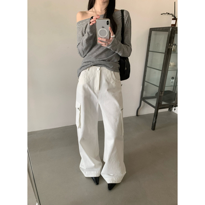 TABLE-韩系大口袋拉链设计休闲拖地宽松做旧百搭长裤工装裤