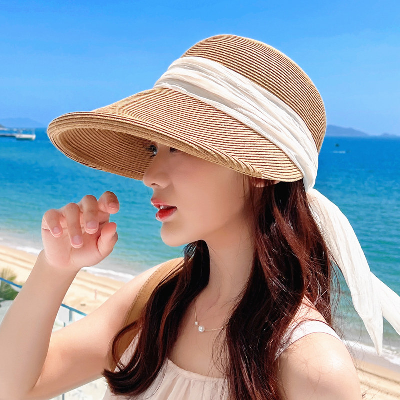 飘带卷边草编盆帽渔夫帽春夏天出游防晒遮阳帽休闲百搭沙滩太阳帽