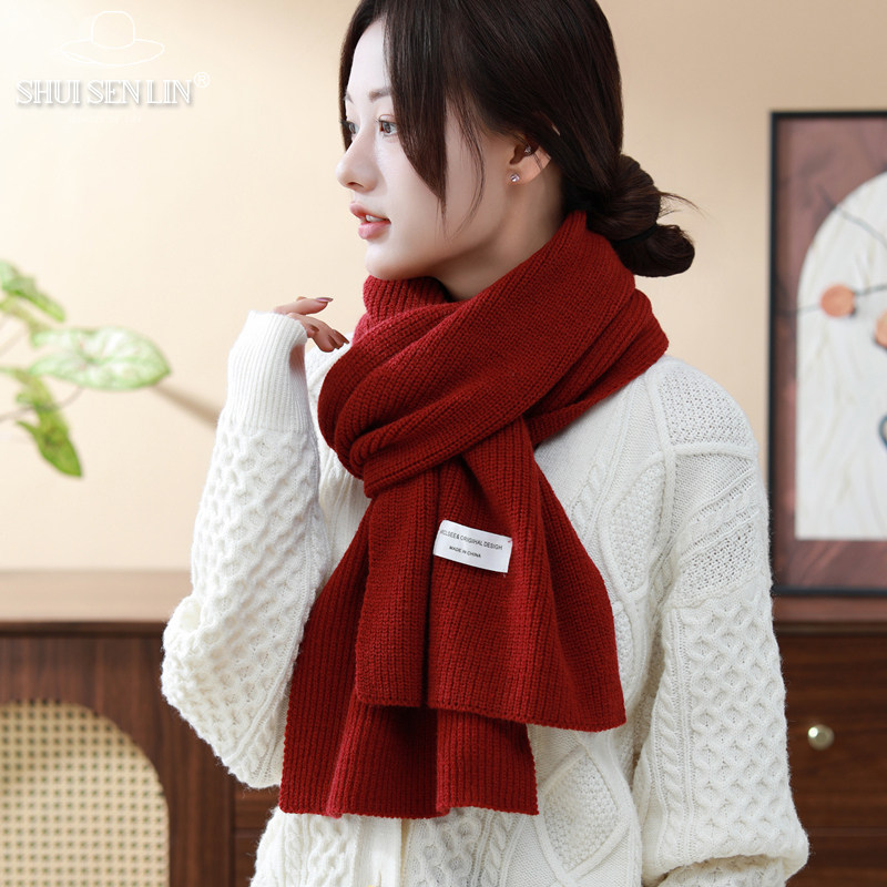 新款韩版围巾女秋冬款简约时尚百搭高级感针织围脖红色新年氛围感