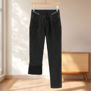 【HO】水钻链高腰排扣加绒小脚牛仔裤070~冬季新品女装