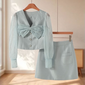 包臀短裙温柔套装 专柜36%粘胶 071 网纱袖 蝴蝶结小衫 蕾 秋装