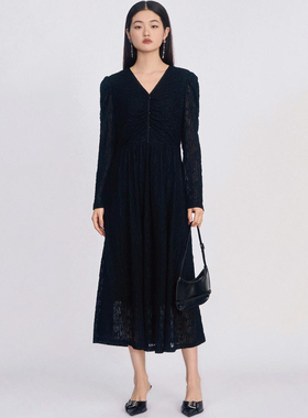 专柜1199 38%绵羊毛【莫Y】秋装 纯色V领气质长袖连衣裙734