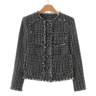 新款 秋季 双排口袋毛条流苏带垫肩外套230 女装 庄