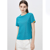 专柜598 T恤312 全棉圆领套头针织格子短袖 逸 秋装