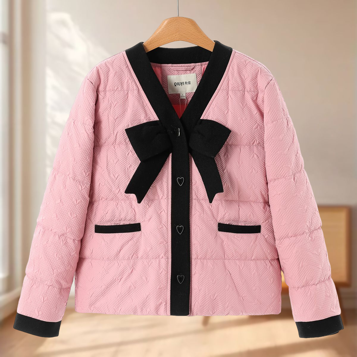 专柜1099【熠】冬装 羊毛拼接蝴蝶结V领小香风羽绒服015