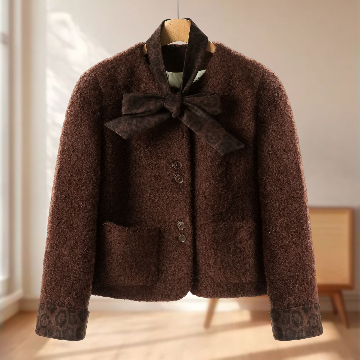 【HO】仿羊卷毛翻边袖飘带小香风羽绒服851~冬季新品女装