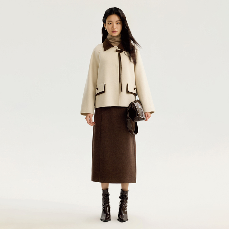 专柜1599 10%羊绒【木X】冬装 拼色翻领插肩袖短款毛呢外套835