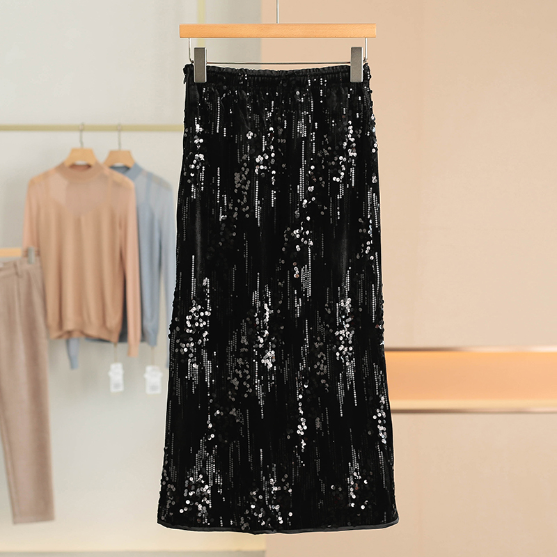 【27】松紧腰闪闪亮片直筒开叉半身裙25冬装新款品牌撤柜女装027