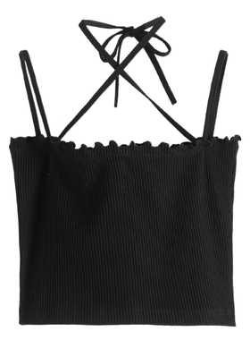 【兆】 棉质挂脖木耳边竖条纹理针织吊带YZ732~夏季新款女装