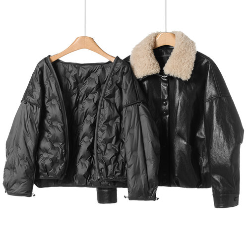 皮鹅绒服【申】冬装 羊毛领两件套绵羊真皮蝙蝠袖派克羽绒服116