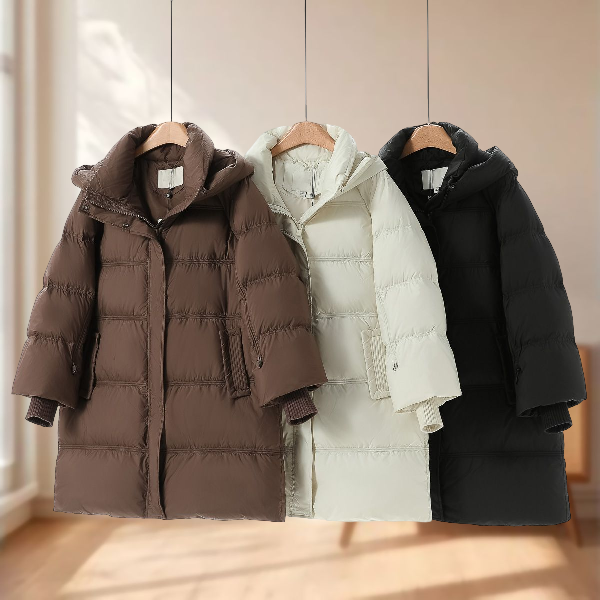 专柜1899【木X】冬装 插肩袖A版型中长连帽羽绒服598弜