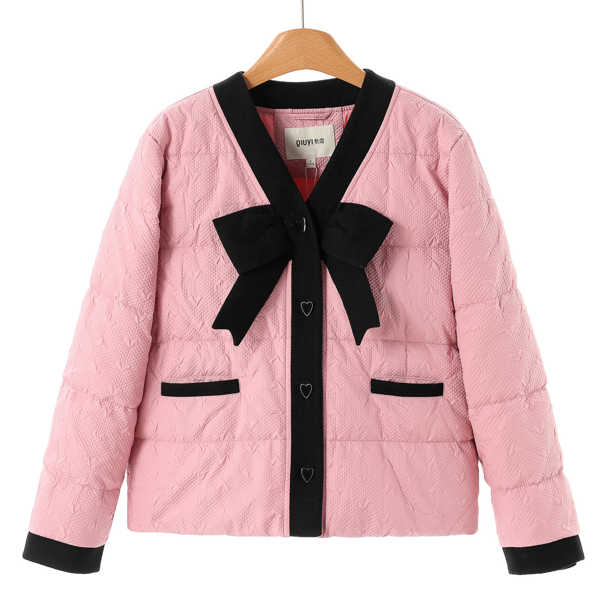 专柜1099【熠】冬装 羊毛拼接蝴蝶结V领小香风羽绒服015