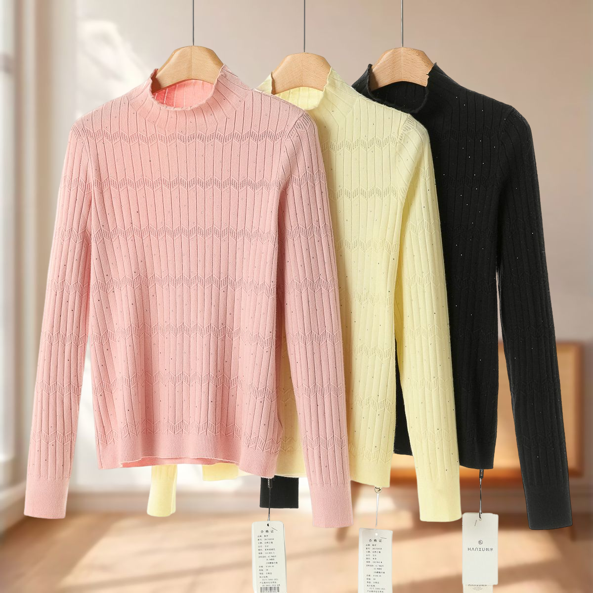 专柜599 42%粘纤【序】冬装 半高领娴熟烫钻打底针织毛衣058