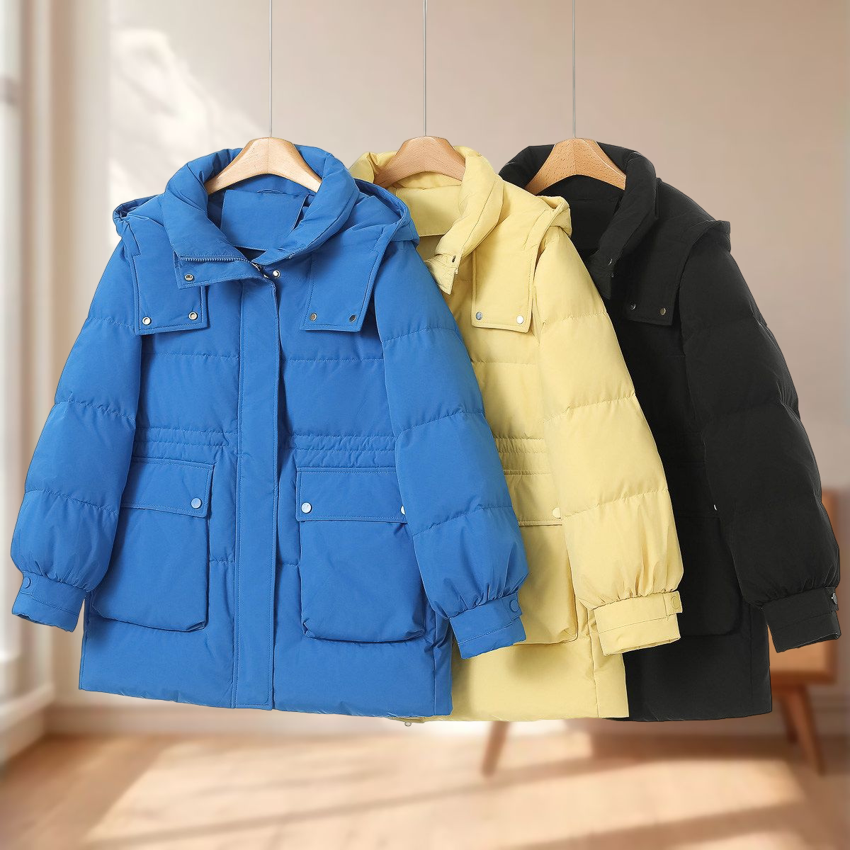 【爱】亮色显年轻插肩袖内腰抽绳连帽羽绒服191~冬季新款女装