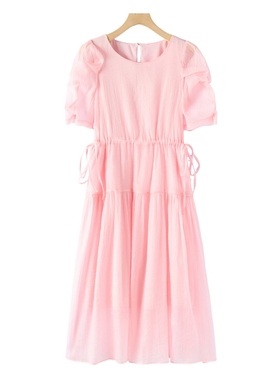 879【木X】 侧腰抽绳修身堆堆袖温柔连衣裙163~夏季新款女装