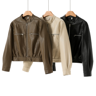 圆领拉链纯色短款 绍 皮质外套116 秋季 女装 新款 庄