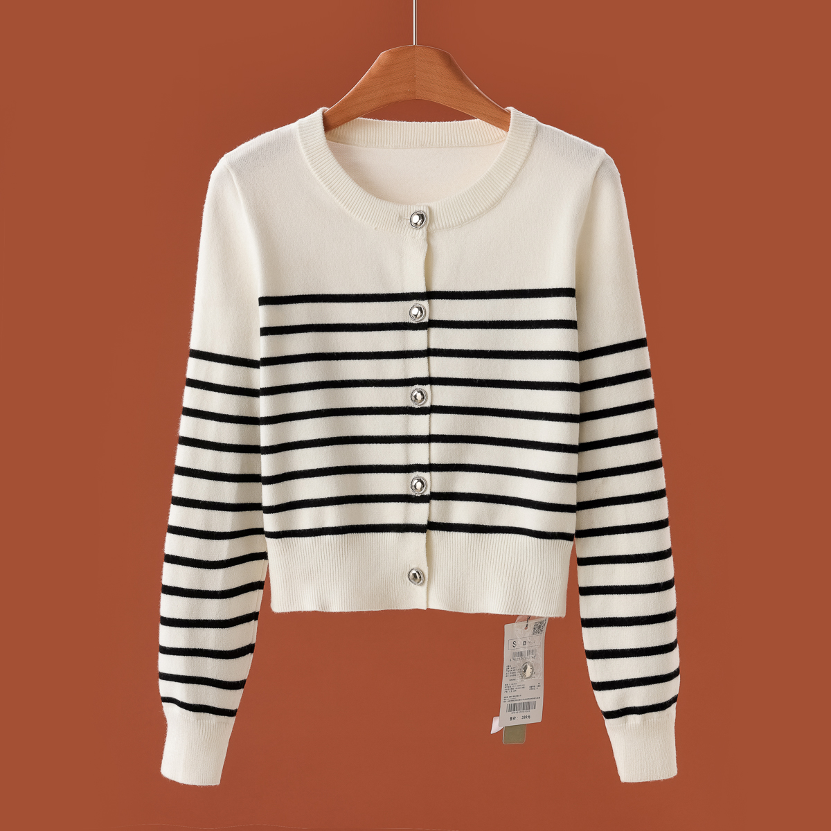 专柜399 48%粘纤【兰】 基础条纹娴熟修身针织短外套201~秋季新款