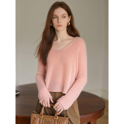 曦15%羊驼【K】冬装 马卡龙色系V领套头舒适保暖短款毛衣124