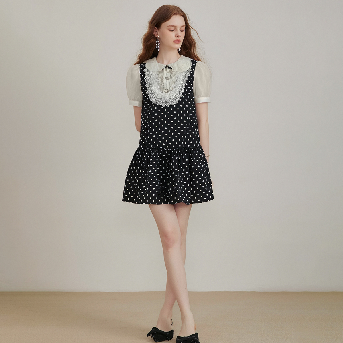 1399【木X】 泡泡袖娃娃领波点A字裙连衣裙067~夏季新款女装