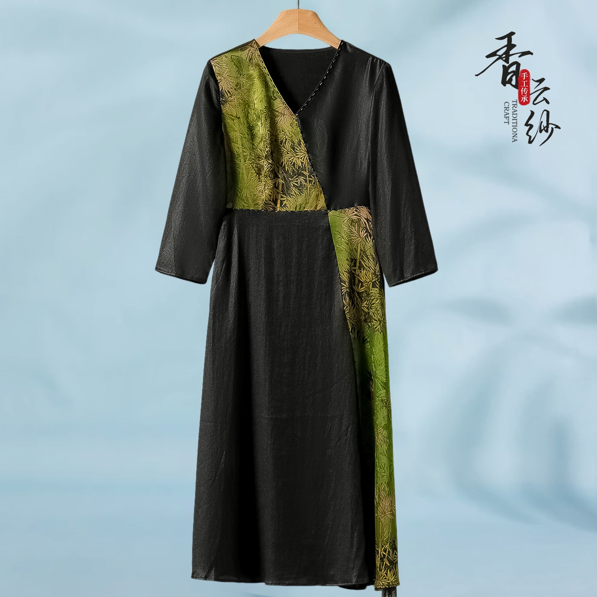 专柜4999 香云纱【格】 翠竹印花串珠100桑蚕丝真丝连衣裙137