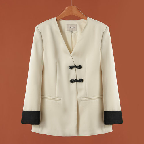 专柜【QS】 提花拼接串珠盘扣V领西装外套012~秋季新款女装