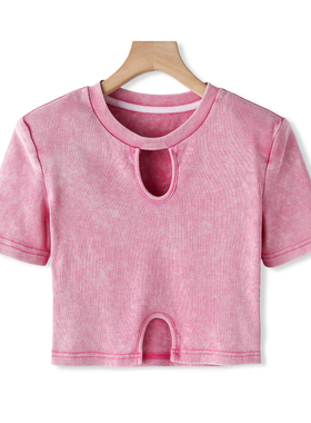 【AL】*绍 镂空前襟带垫肩洗水做旧短T恤301~夏季新款女装