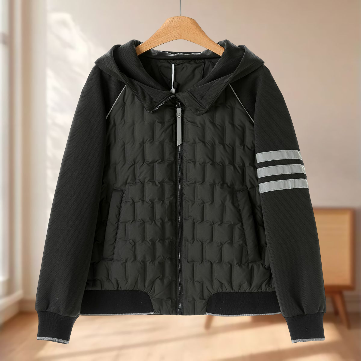 专柜1339【弟】冬装 拼接插肩袖针织罗纹摆连帽羽绒服578