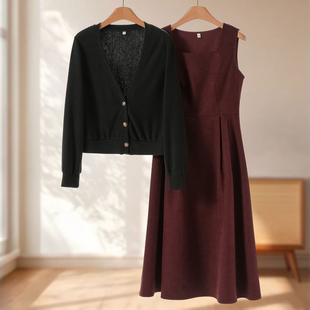 【Z姿】针织外套+无袖方领连衣裙两件套151~秋季新款女装
