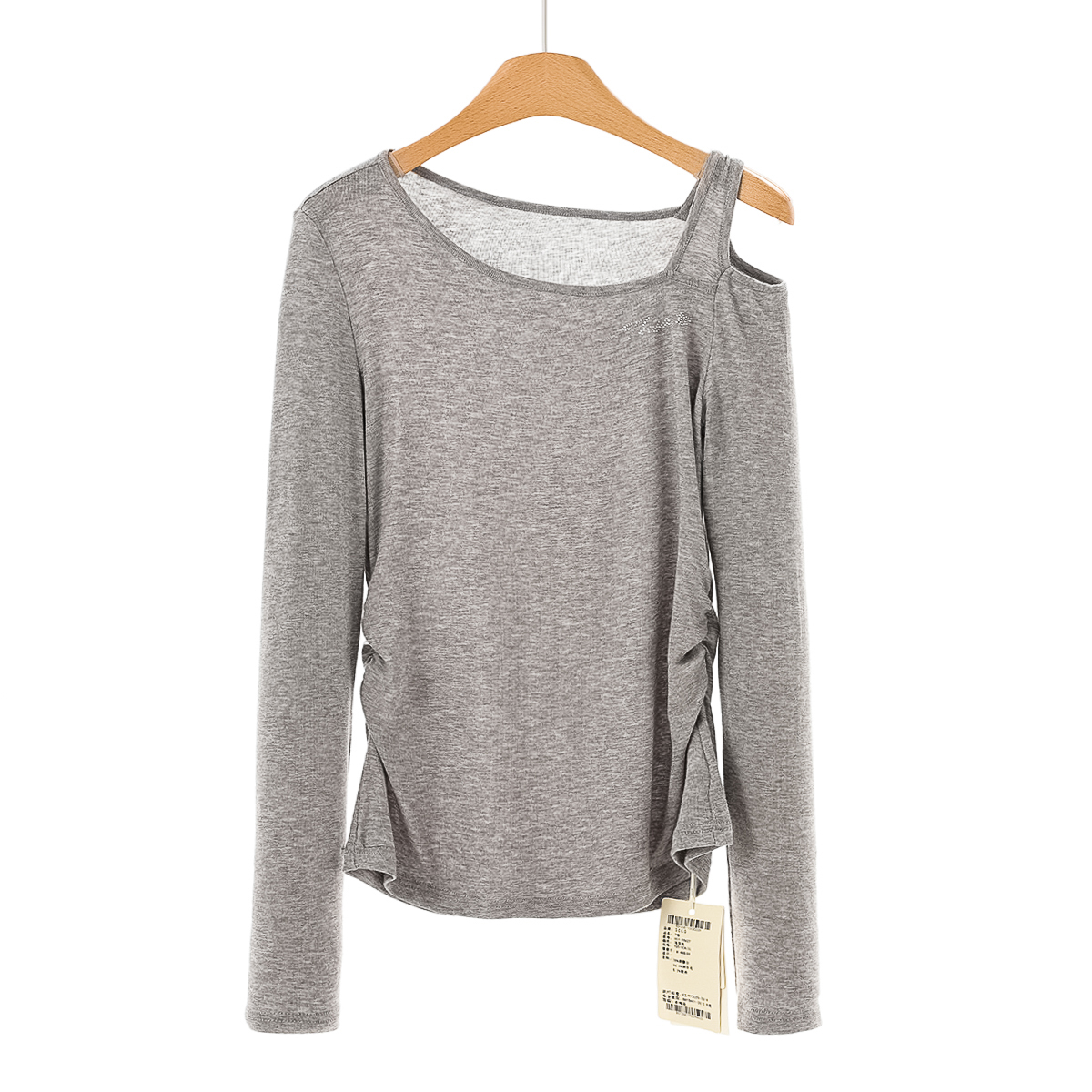 专柜499 78%莱赛尔【GC】 斜领单侧露肩设计绵羊毛天丝T恤927~秋