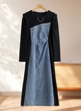 【诗】春季 棉质开叉牛仔拼接收褶连衣裙SB210~秋季新款女装