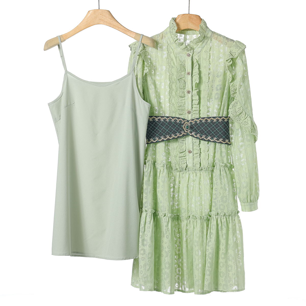 专柜1199【蕾】春装 木耳花边立领娴熟两件套连衣裙159