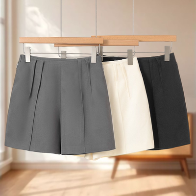 专柜399【莫Y】春装 可通勤纯色高腰抽褶显瘦直筒短裤763