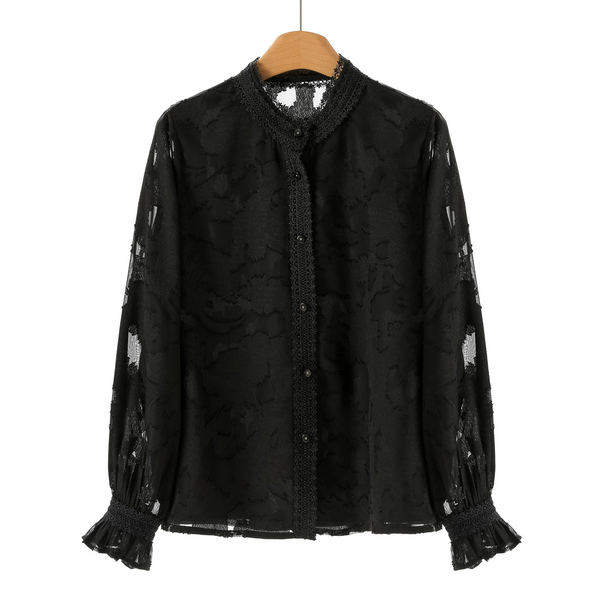 【贝】 纯色单排扣蕾丝花边立领衬衫151秋季新款女装