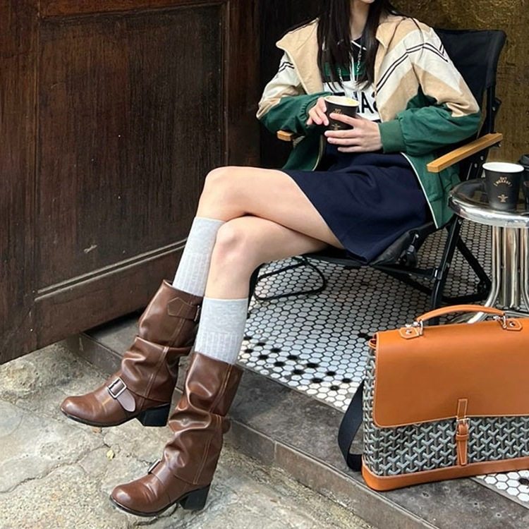 2025秋季新款高跟法式堆堆靴皮带扣美式复古机车靴骑士靴女